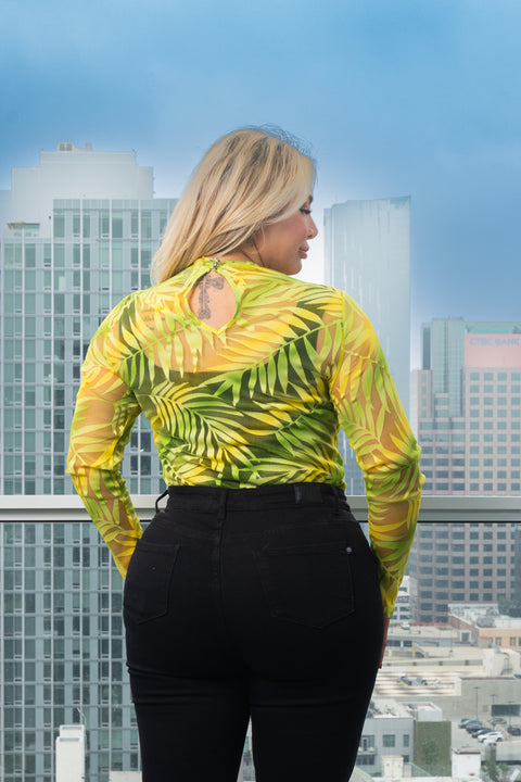 Plus Size Palm Leaves Printed Mesh Body Suit **Under Shirt Not Included** (LT23205) - Wholesale Fashion Couture 
