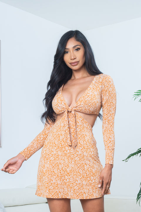 Floral Print Long Sleeve Tie Front Plunge V Neck Mini Dress with Midriff Cutout in Mustard (DR96989) - Wholesale Fashion Couture 