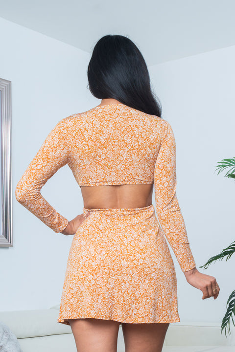 Floral Print Long Sleeve Tie Front Plunge V Neck Mini Dress with Midriff Cutout in Mustard (DR96989) - Wholesale Fashion Couture 
