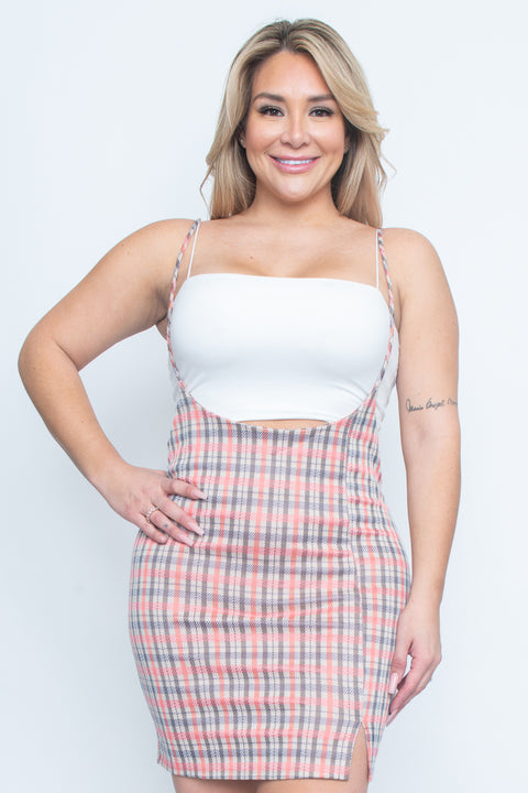 Plus Size Houndstooth Plaid Spaghetti Strap Suspender Mini Dress with Thigh (ZA3640) - Wholesale Fashion Couture 