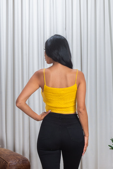 'In The Field' Crochet Knit Spaghetti Strap Crop Top in Yellow (187178) - Wholesale Fashion Couture 