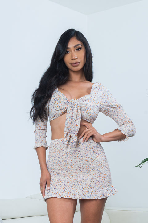2 PC Set - 3/4 Sleeve Tie Front Bandeau Top And Mini Skirt with Lettuce Hem (3681MSET) - Wholesale Fashion Couture 