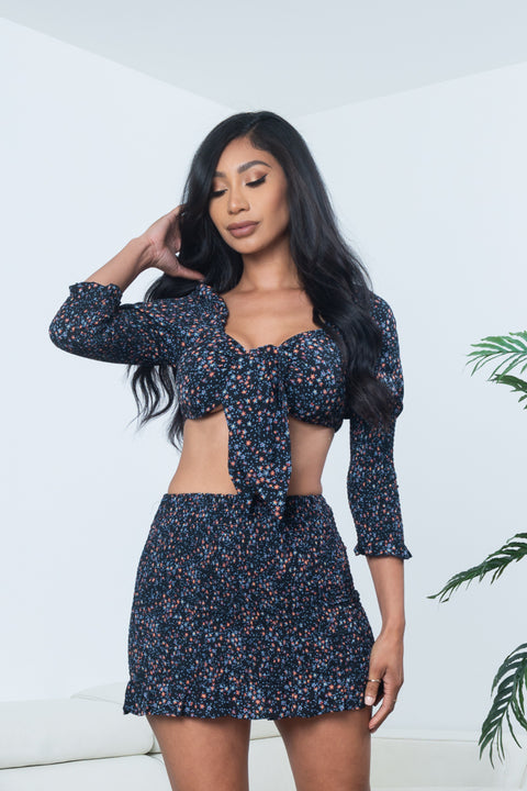 2 PC Set - 3/4 Sleeve Tie Front Bandeau Top And Mini Skirt with Lettuce Hem (3681MSET) - Wholesale Fashion Couture 