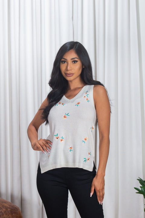 'Sweet Pastels' Floral Embroidered Sleeveless V Neck Sweater Vest Top with Side Vents in Ivory (WL02S000RP-9991WH) - Wholesale Fashion Couture 
