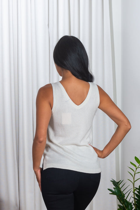 'Sweet Pastels' Floral Embroidered Sleeveless V Neck Sweater Vest Top with Side Vents in Ivory (WL02S000RP-9991WH) - Wholesale Fashion Couture 