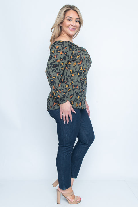 Animal Print Plus Size Off Shoulder With Long Sleeve Top In Olive (T1207) - Wholesale Fashion Couture 