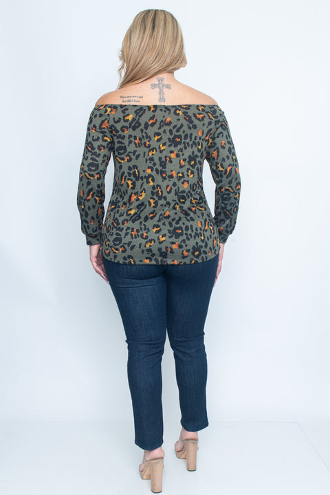 Animal Print Plus Size Off Shoulder With Long Sleeve Top In Olive (T1207) - Wholesale Fashion Couture 