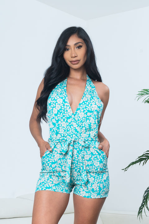 Floral Print Halter Neck Plunge Surplice V Neck Mini Shorts Romper with Sash Tied Waist & Slant Pockets in Turquoise* (2935-154) - Wholesale Fashion Couture 