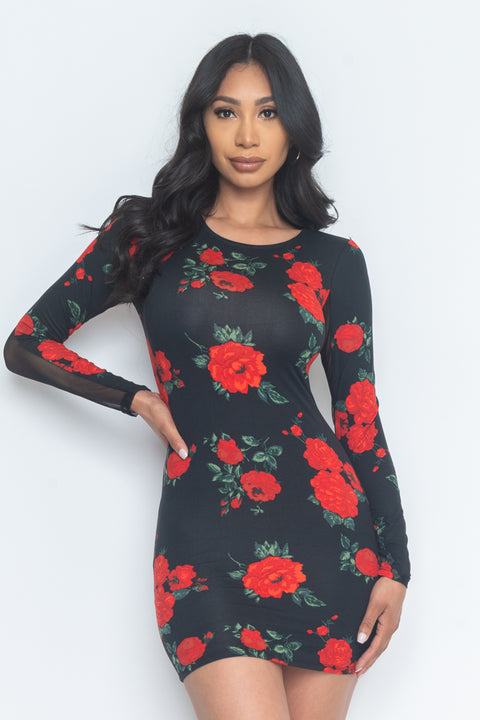 Floral Print Sheer Mesh Long Sleeve Round Neck Mini Dress In Black* (JD34112LP) - Wholesale Fashion Couture 
