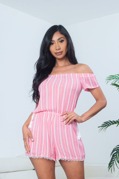 Candy Stripe Off Shoulder Cap Sleeve Mini Shorts Romper with Tassel Trim in Soft Red & White (90360) - Wholesale Fashion Couture 