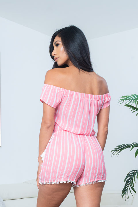 Candy Stripe Off Shoulder Cap Sleeve Mini Shorts Romper with Tassel Trim in Soft Red & White (90360) - Wholesale Fashion Couture 