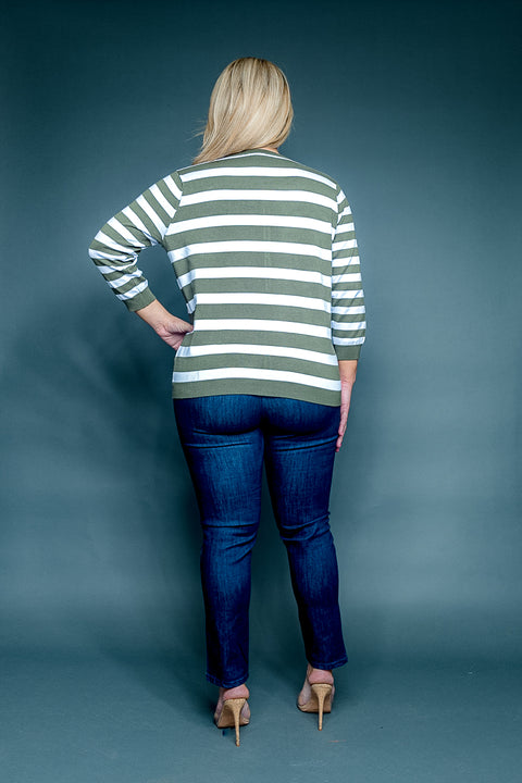 Plus Size Striped Jewel Neck 3/4 Sleeve Button Down Cardigan (SS193086W) - Wholesale Fashion Couture 