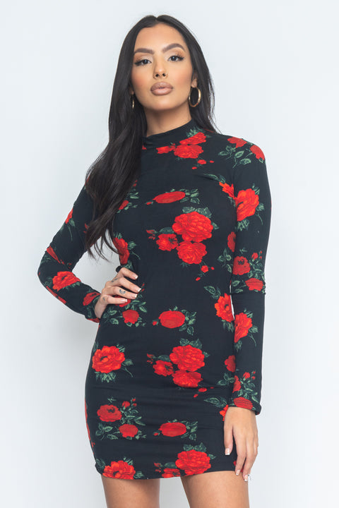 Floral Print Mock Neck Mini Dress (JD33873LP) - Wholesale Fashion Couture 