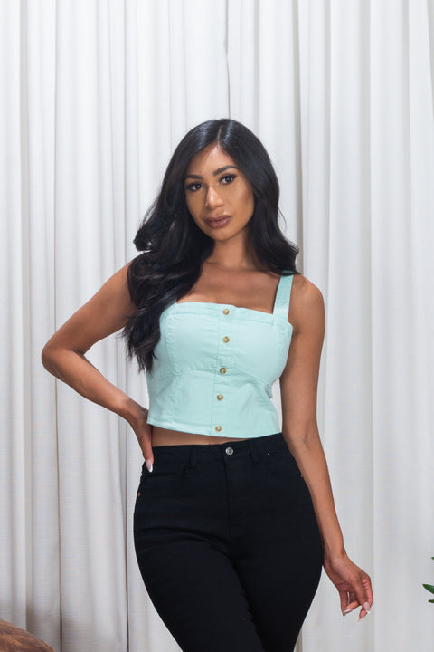 Chambray Denim Adjustable Strap Crop Top with Faux Button Down Decor in Aqua (158649) - Wholesale Fashion Couture 