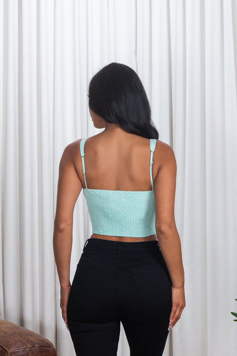 Chambray Denim Adjustable Strap Crop Top with Faux Button Down Decor in Aqua (158649) - Wholesale Fashion Couture 