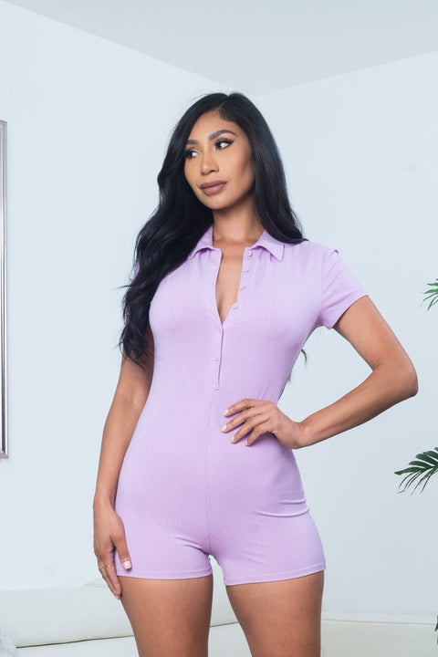 'Hot Girl' Short Sleeve Rib Knit Button Up Mini Shorts Romper with Spread Collar (3685RH) - Wholesale Fashion Couture 