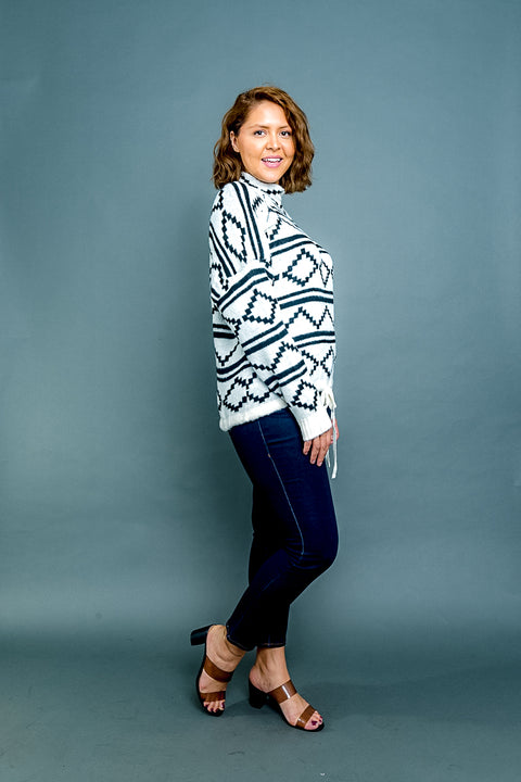 Plus Size Long Sleeve Aztec Stripe Print Mock Neck Sweater with Drawstring Waist in White & Black (31194) - Wholesale Fashion Couture 