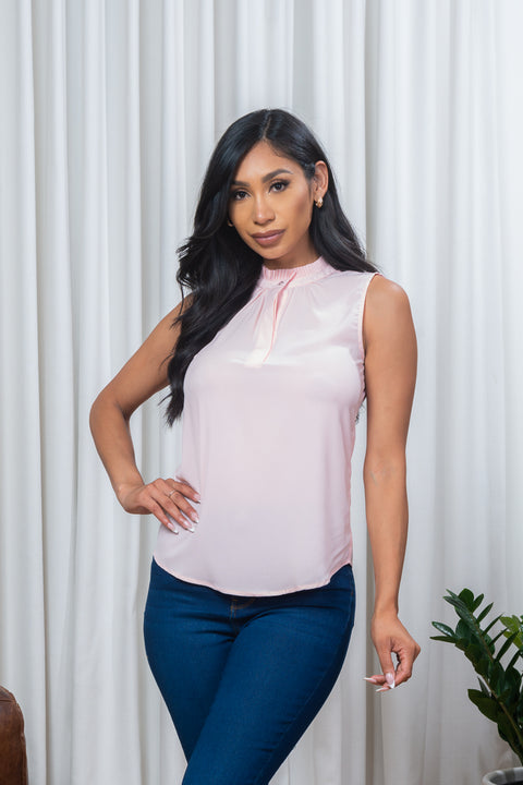 Sleeveless Tank Top with Button Up Tuck Pleated Mandarin Collar in Light Pink (P260137) - Wholesale Fashion Couture 