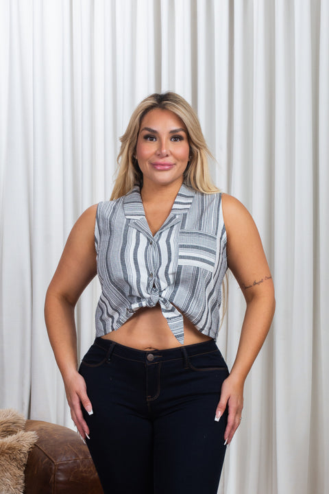 Plus Size Sleeveless Striped Top with Patch Pocket and Tied Front (FL19A695-P) - Wholesale Fashion Couture 