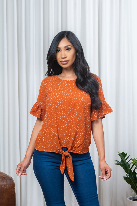 'Oh, Darling' Polka Dot 1/2 Sleeve Jewel Neck Top with Bell Cuff and Tie Waist in Brick (D24174SF) - Wholesale Fashion Couture 