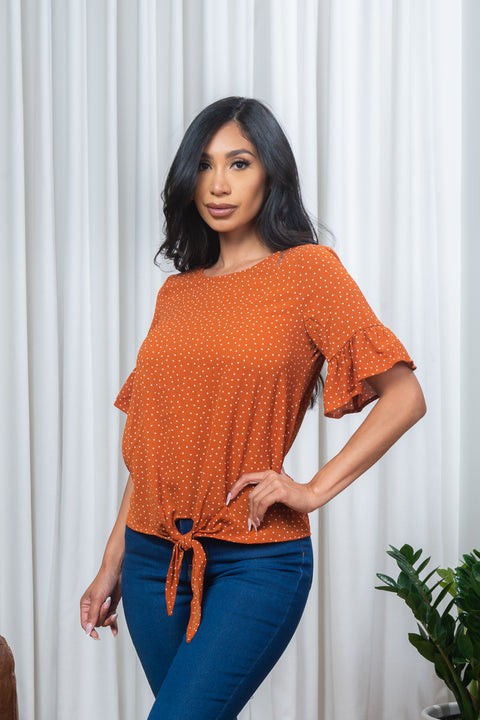 'Oh, Darling' Polka Dot 1/2 Sleeve Jewel Neck Top with Bell Cuff and Tie Waist in Brick (D24174SF) - Wholesale Fashion Couture 