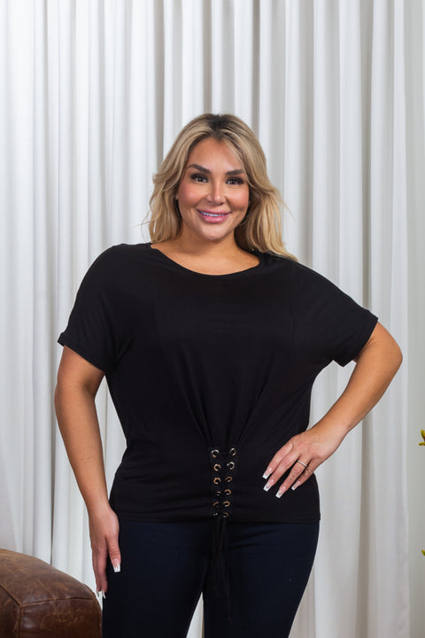 Plus Size Short Dolman Sleeve Top with Faux Lace & Grommet Tie Waist (T25588PL) - Wholesale Fashion Couture 