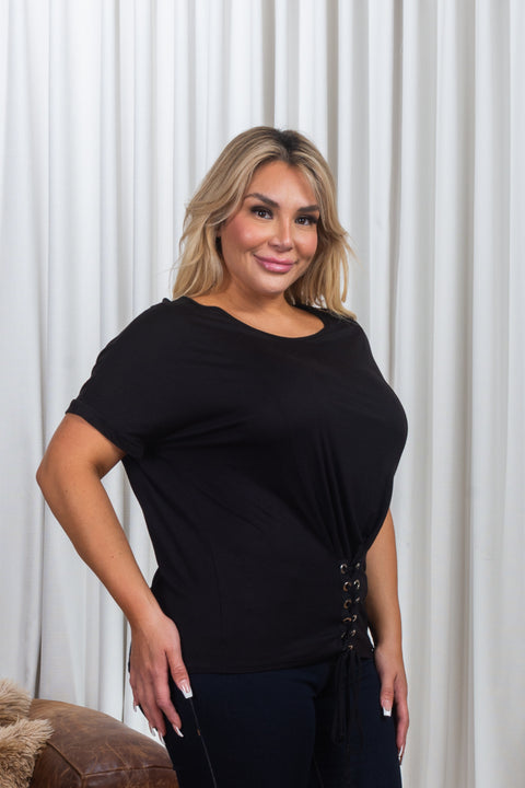 Plus Size Short Dolman Sleeve Top with Faux Lace & Grommet Tie Waist (T25588PL) - Wholesale Fashion Couture 
