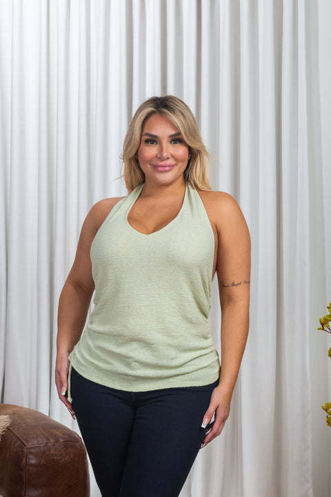 Plus Size Terry Sleeveless Halter Neck Top with Ruched Side Ties (ZA4533) - Wholesale Fashion Couture 