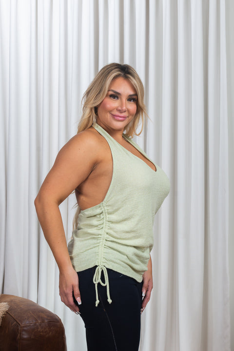 Plus Size Terry Sleeveless Halter Neck Top with Ruched Side Ties (ZA4533) - Wholesale Fashion Couture 