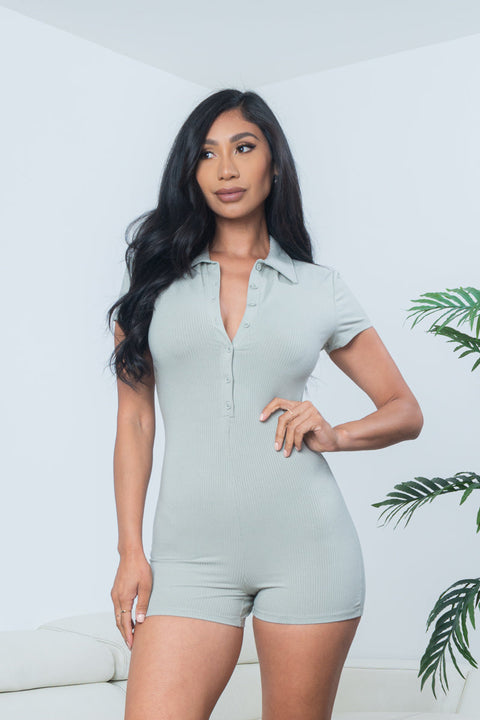 'Hot Girl' Short Sleeve Rib Knit Button Up Mini Shorts Romper with Spread Collar (3685RH) - Wholesale Fashion Couture 
