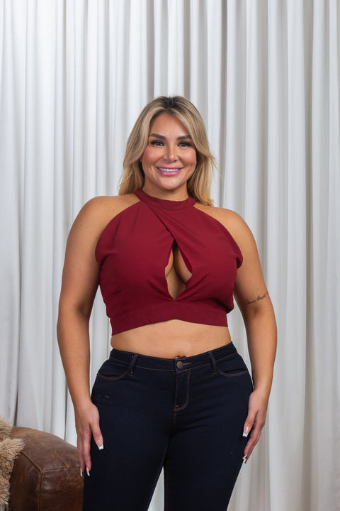 Plus Size Sleeveless Halter Neck Keyhole Bust Surplice Crop Top with Open Tie Back (ZB9554) - Wholesale Fashion Couture 