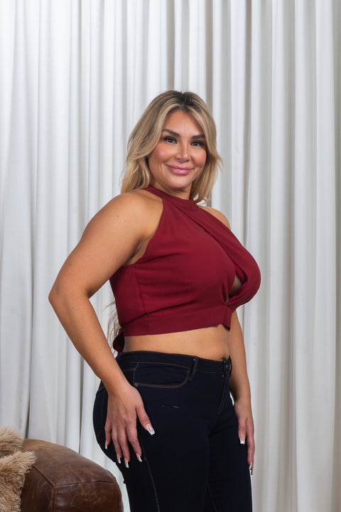 Plus Size Sleeveless Halter Neck Keyhole Bust Surplice Crop Top with Open Tie Back (ZB9554) - Wholesale Fashion Couture 