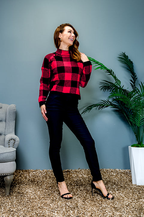 Long Sleeve Buffalo Plaid Mock Neck Sweater with Drawstring Waist in Red & Black (31194R) - Wholesale Fashion Couture 