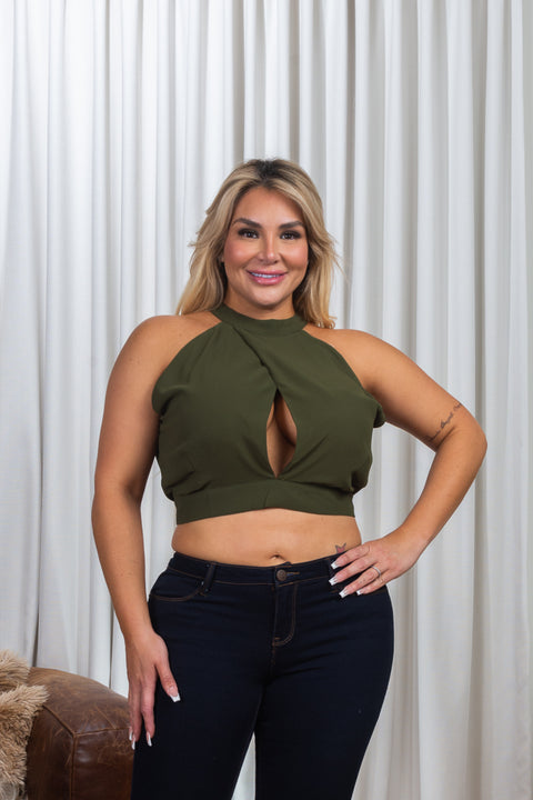 Plus Size Sleeveless Halter Neck Keyhole Bust Surplice Crop Top with Open Tie Back (ZB9554) - Wholesale Fashion Couture 