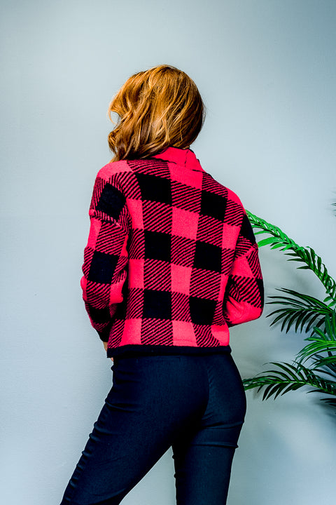 Long Sleeve Buffalo Plaid Mock Neck Sweater with Drawstring Waist in Red & Black (31194R) - Wholesale Fashion Couture 