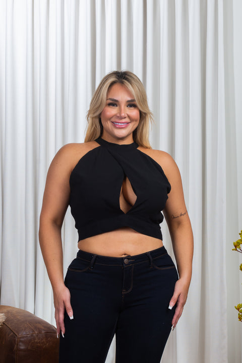 Plus Size Sleeveless Halter Neck Keyhole Bust Surplice Crop Top with Open Tie Back (ZB9554) - Wholesale Fashion Couture 