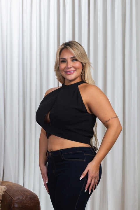 Plus Size Sleeveless Halter Neck Keyhole Bust Surplice Crop Top with Open Tie Back (ZB9554) - Wholesale Fashion Couture 