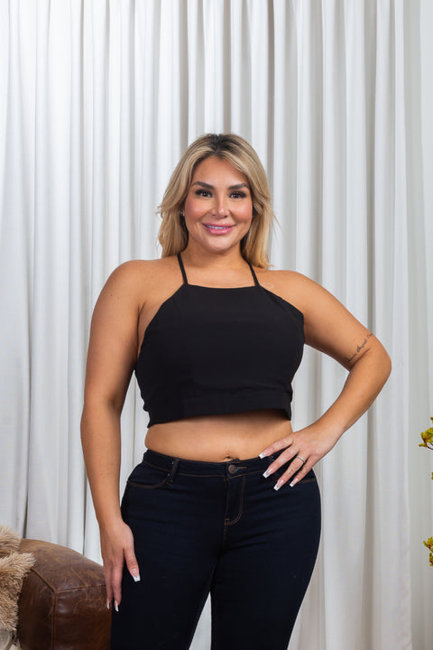 'All About Me' Plus Size Halter Neck Crop Top with Criss Cross Open Tie Back (ZB9386) - Wholesale Fashion Couture 