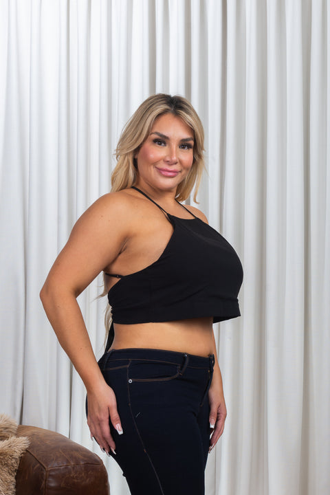 'All About Me' Plus Size Halter Neck Crop Top with Criss Cross Open Tie Back (ZB9386) - Wholesale Fashion Couture 