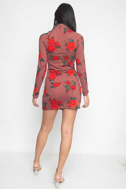 Floral Print Mock Neck Mini Dress (JD33873LP) - Wholesale Fashion Couture 