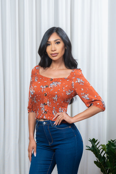 Floral Print Square Neck Smocked Top with Faux Button Front Decor (T2971) - Wholesale Fashion Couture 