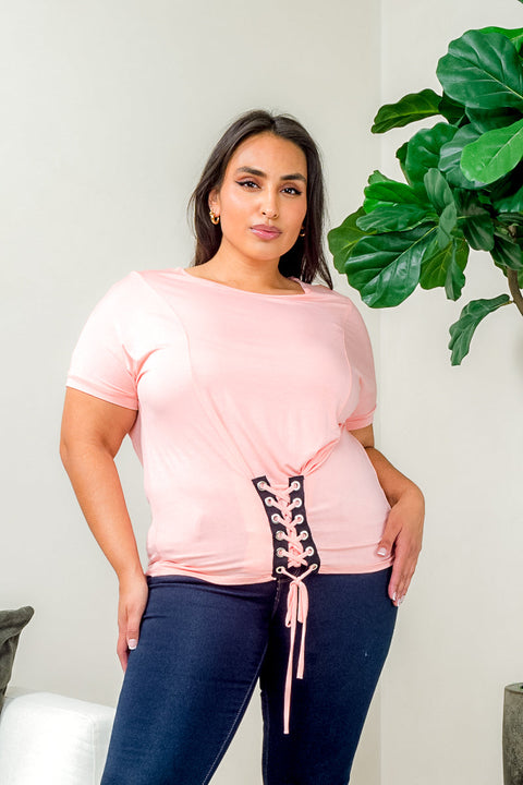 Plus Size Short Dolman Sleeve Top with Faux Lace & Grommet Tie Waist (T25588PL) - Wholesale Fashion Couture 