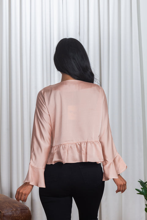 Long Sleeve Scoop Neck Asymmetrical Ruffle Hem Blouse in Champagne Blush (171135) - Wholesale Fashion Couture 
