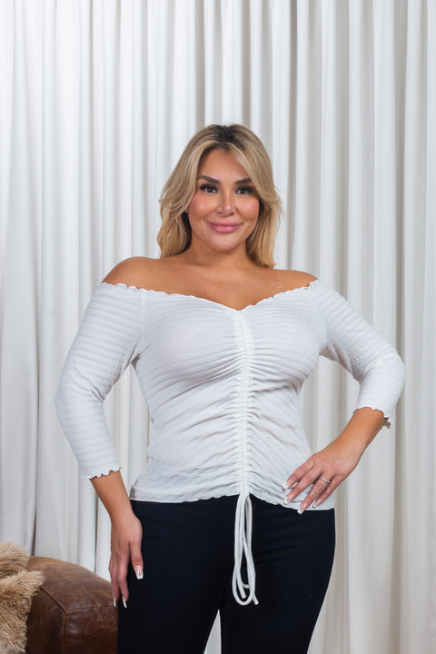 Plus Size 3/4 Sleeve Off Shoulder Rib Knit Top with Ruched Drawstring Tie Front (ZA4369) - Wholesale Fashion Couture 