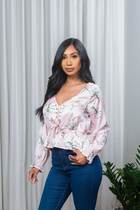 Floral Print Satin V Neck Long Sleeve Blouse with Lace Up Front & Smocked Bell Cuffs (185053) - Wholesale Fashion Couture 