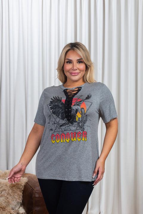 Plus Size Laced Up Short Sleeve ‘Conquer’ Graphic Tee in Gray (JT12273-Conquer) - Wholesale Fashion Couture 