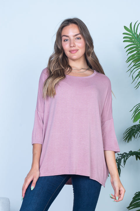3/4 Sleeve Round Neck Tunic Top in Mauve (HT10597) - Wholesale Fashion Couture 