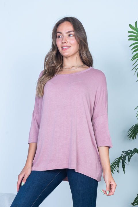 3/4 Sleeve Round Neck Tunic Top in Mauve (HT10597) - Wholesale Fashion Couture 