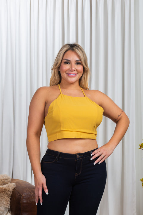 'All About Me' Plus Size Halter Neck Crop Top with Criss Cross Open Tie Back (ZB9386) - Wholesale Fashion Couture 