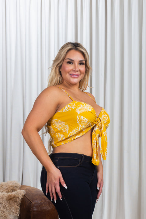 'Koa Leaves' Floral Print Plus Size Spaghetti Strap Crop Top with Tie Front (ZB11675F) - Wholesale Fashion Couture 